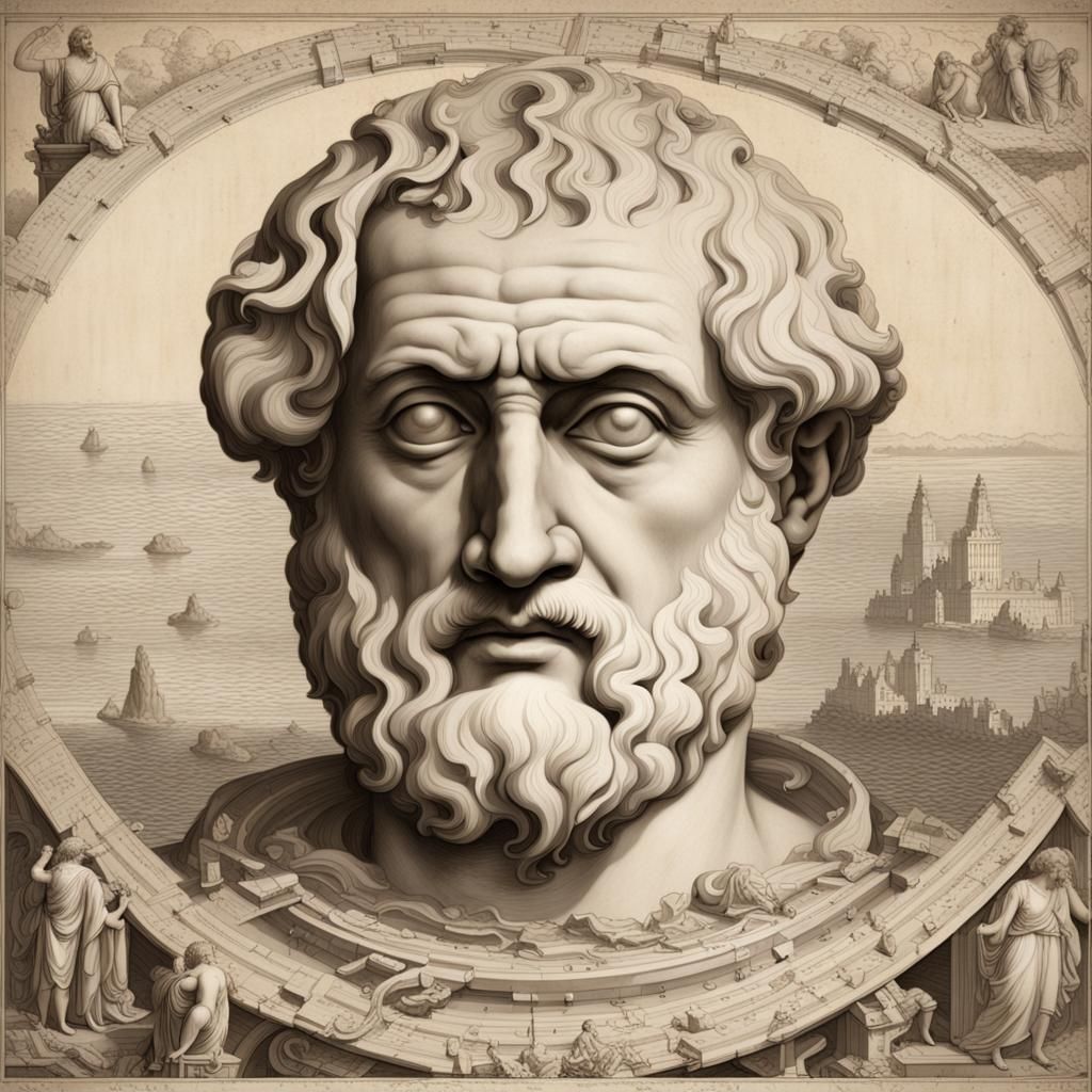 Generate an image capturing Aristotle's description of Atlantis, emphasizing his detailed account and unique perspective...