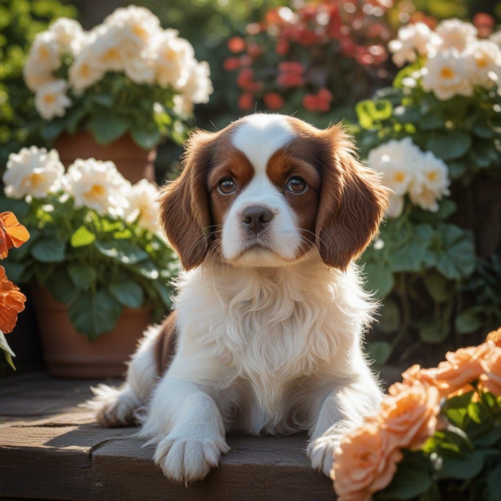 Charming Charles Spaniel in a Sunlit Begonia Garden