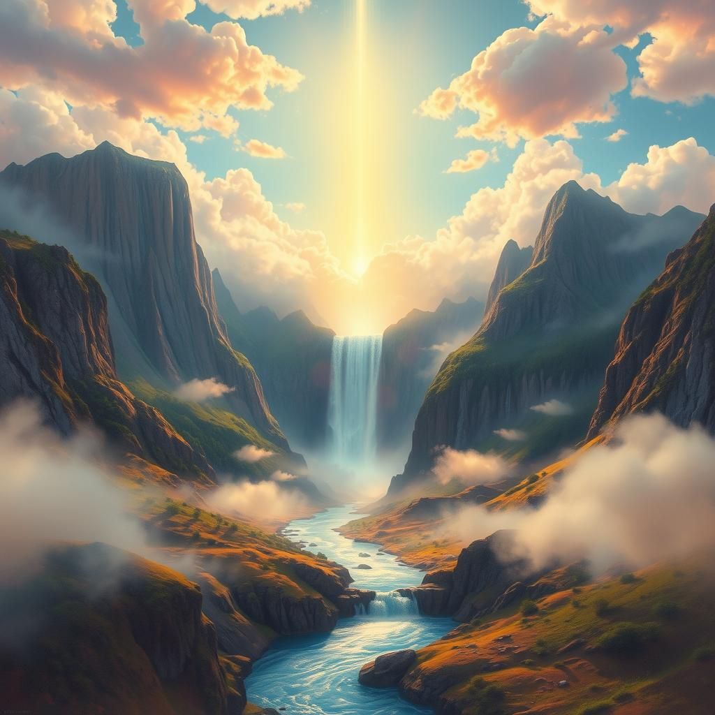 an abstract portrait of a mountain with a glowing light wate...
