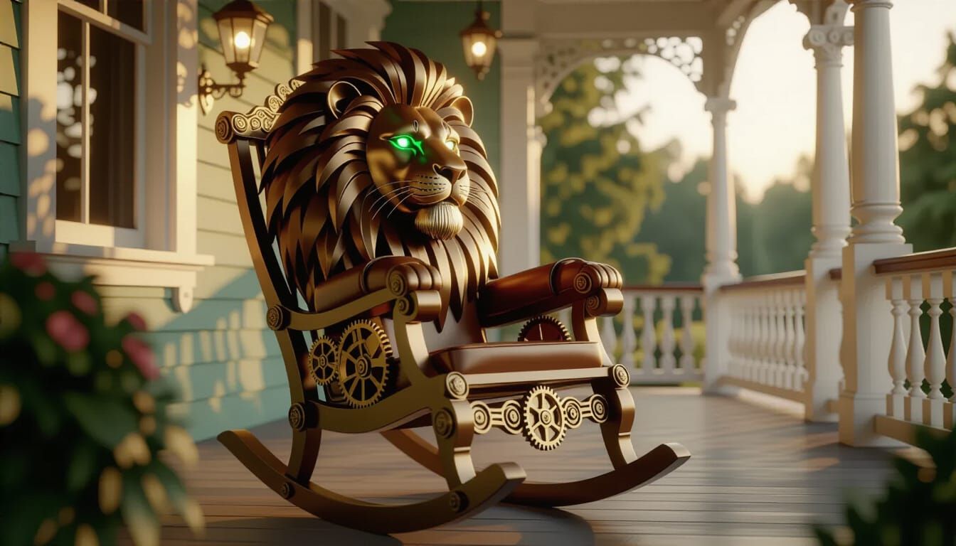 Steampunk Lion Rocking Chair on Victorian Porch