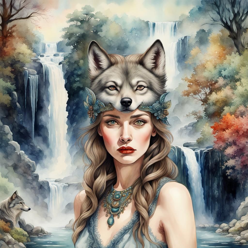 Antique Watercolor Woman with Waterfall Headdress