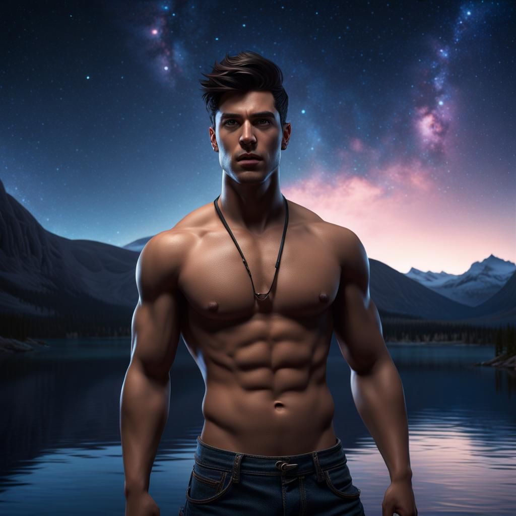 Hyperrealistic Portrait in Lake Under Starry Sky