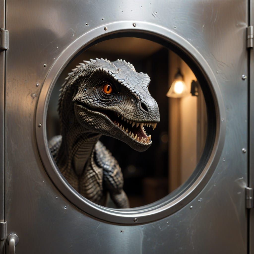 Scary moment Velociraptor looking through the small round wi...