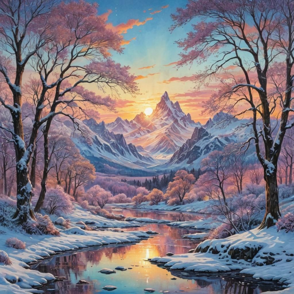 Winter Sunset Landscape in Fantasycore Watercolor Style