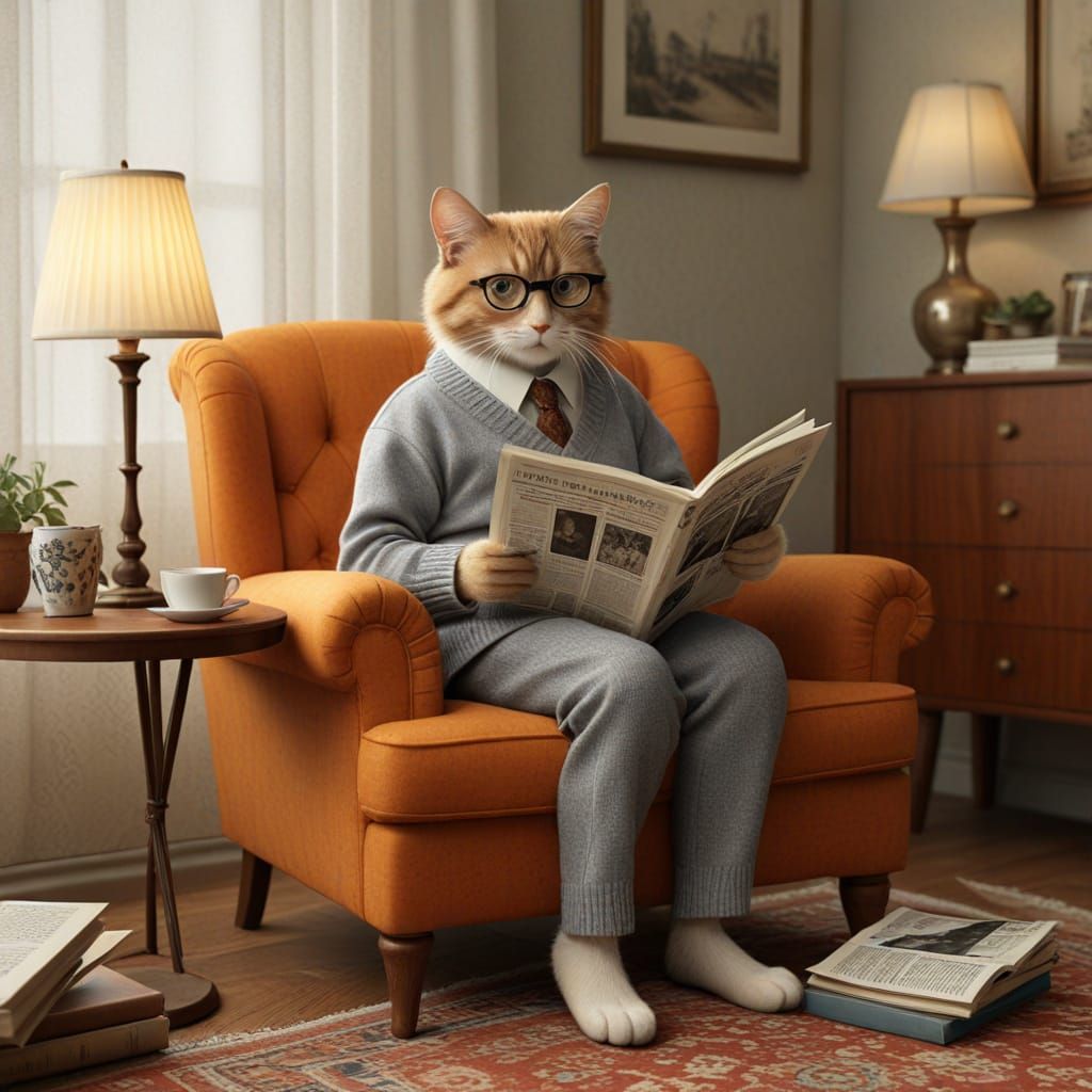 Boomer Cat Reading Newspaper in Mid-Century Modern Room