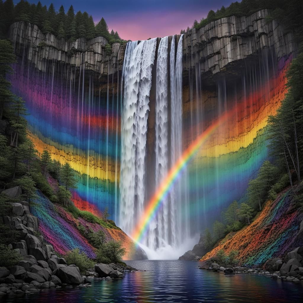 Rainbow Waterfall Flowing Over Black Lace at Night