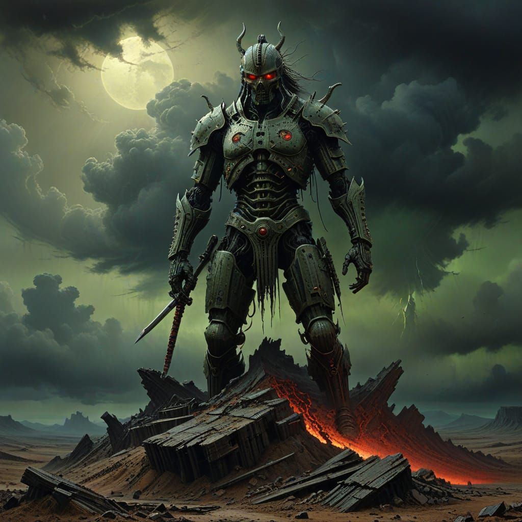 Bio-Mechanical Samurai Defies Dark Skies on Twisted Ziggurat