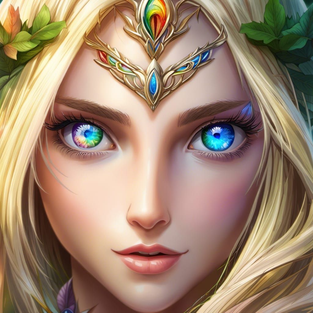 Anime Elf Woman Portrait with Rainbow Eyes