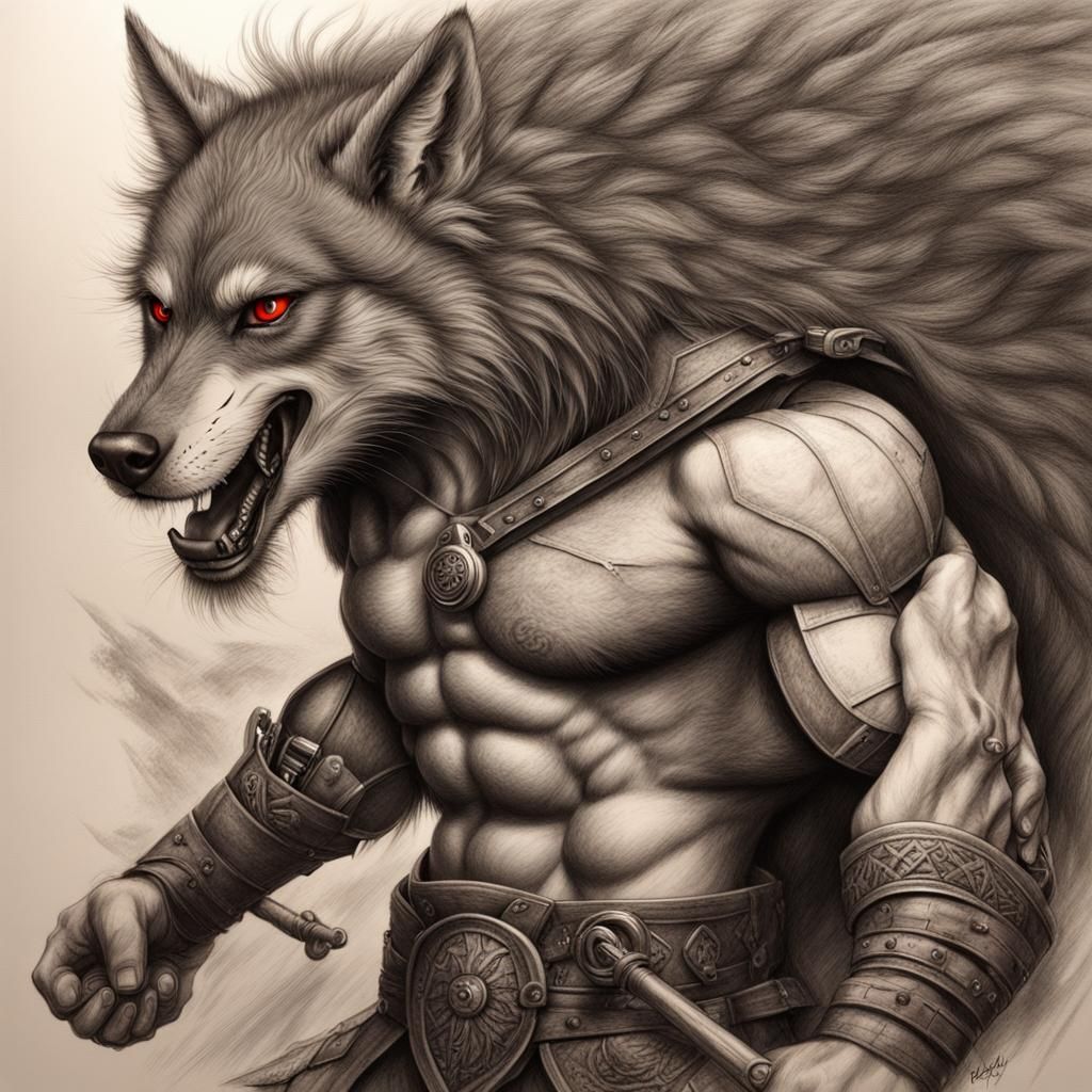 Muscular Warrior and Wolf in Burton-esque Style