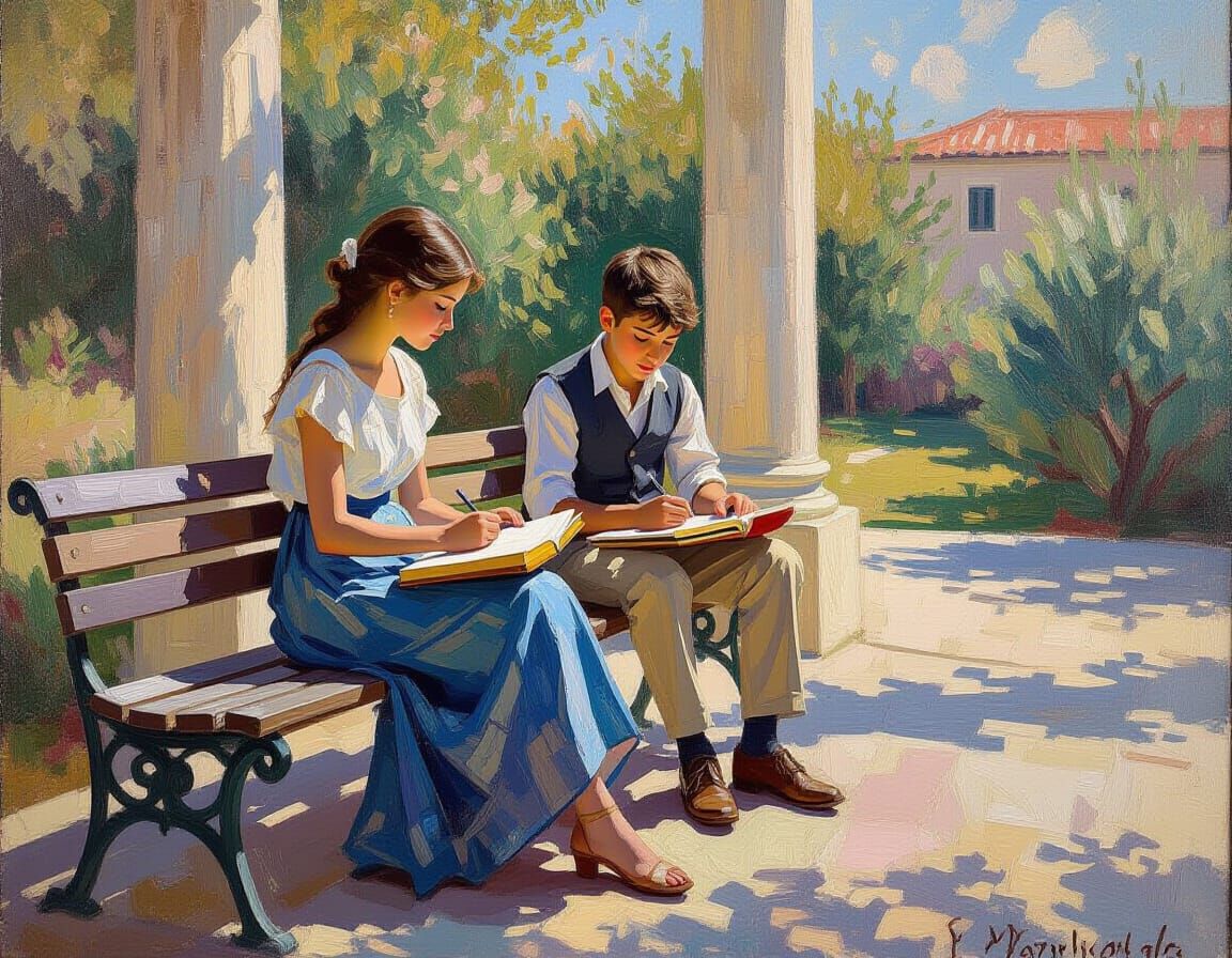 Greek School Children Doing Homework in Impressionist Style