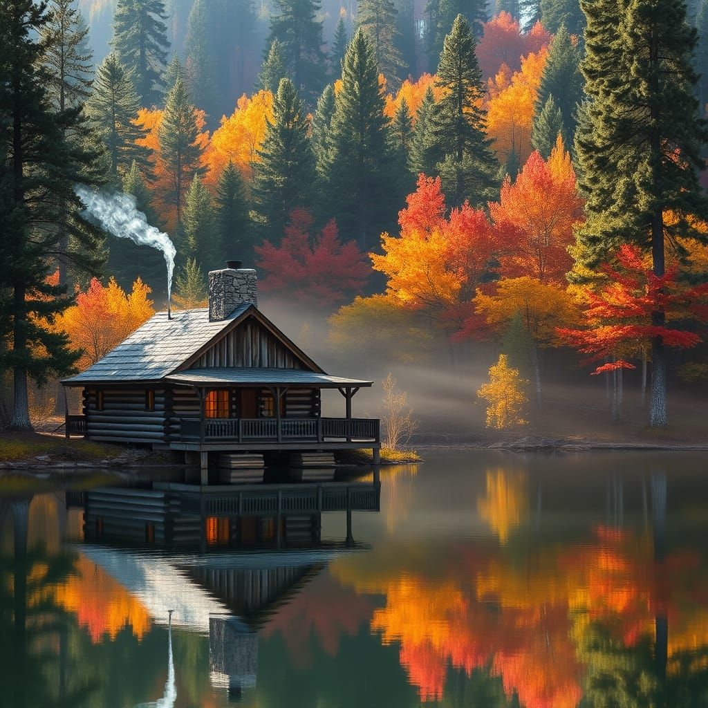 Rustic Log Cabin by Mirror Lake in Autumn