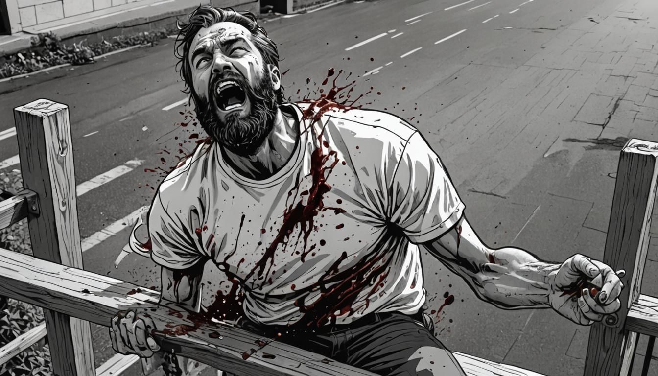 Man Falls, Head Injury, Black and White Comic Style