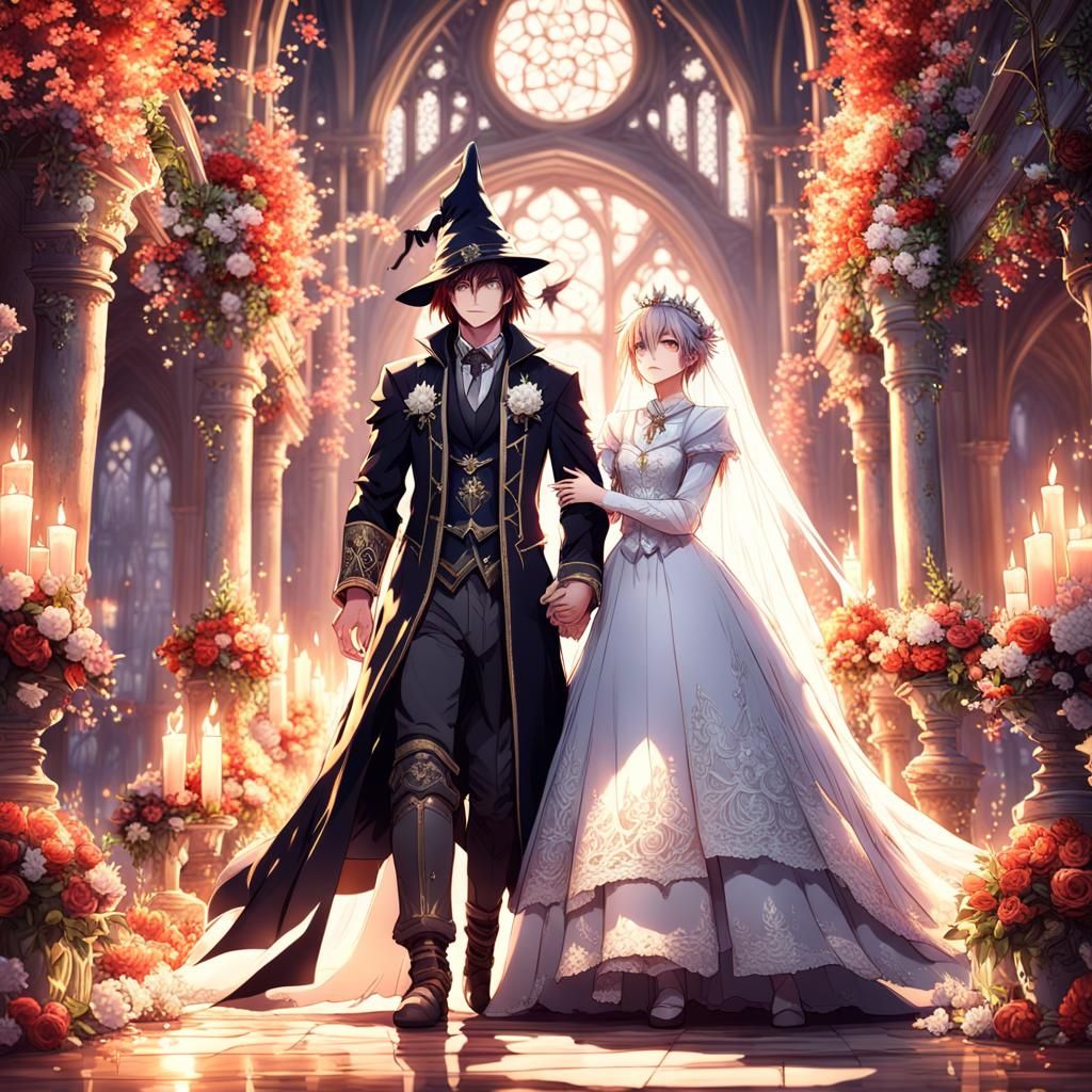 Fantasy Warmage and Witch Wedding in Anime Style