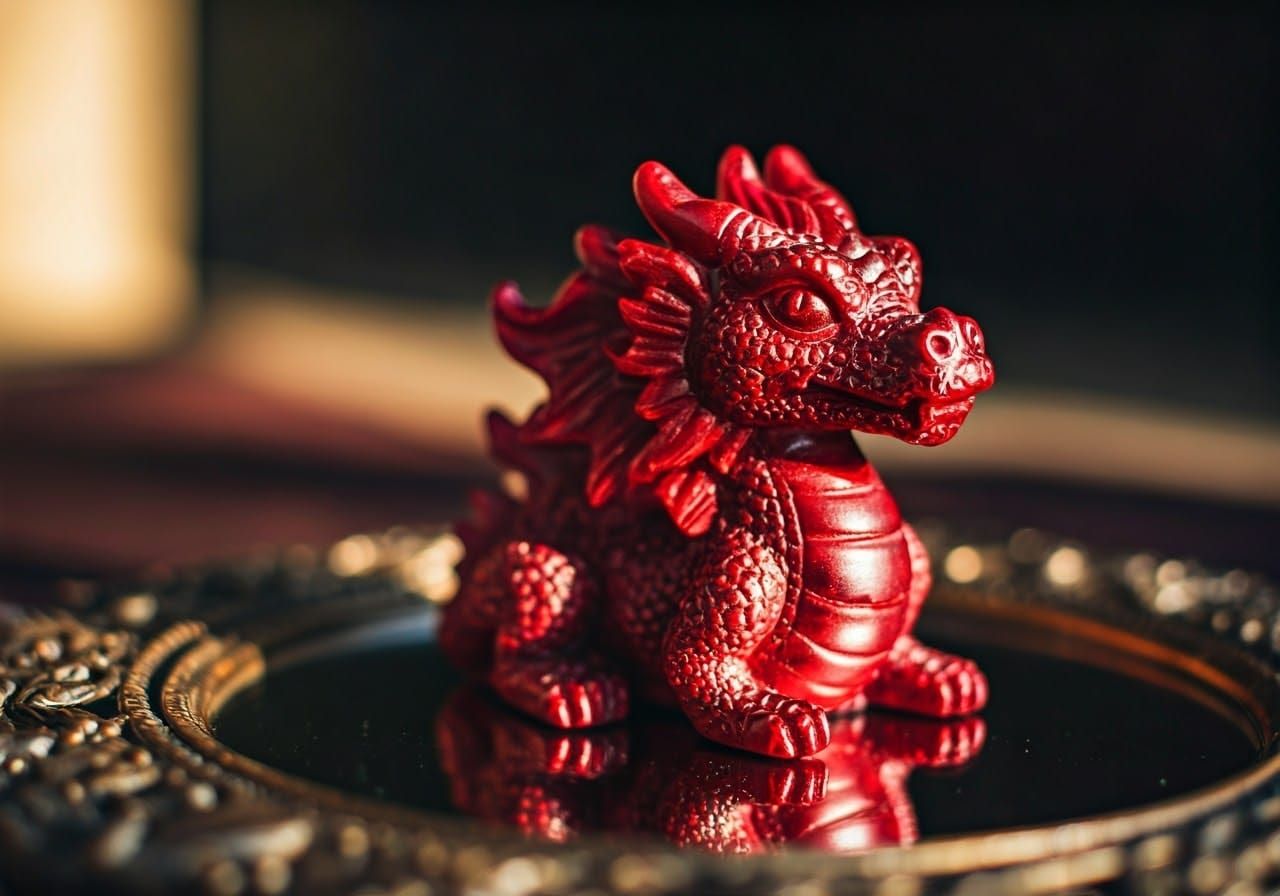 Gleaming Ruby Dragon Figurine on Mirror