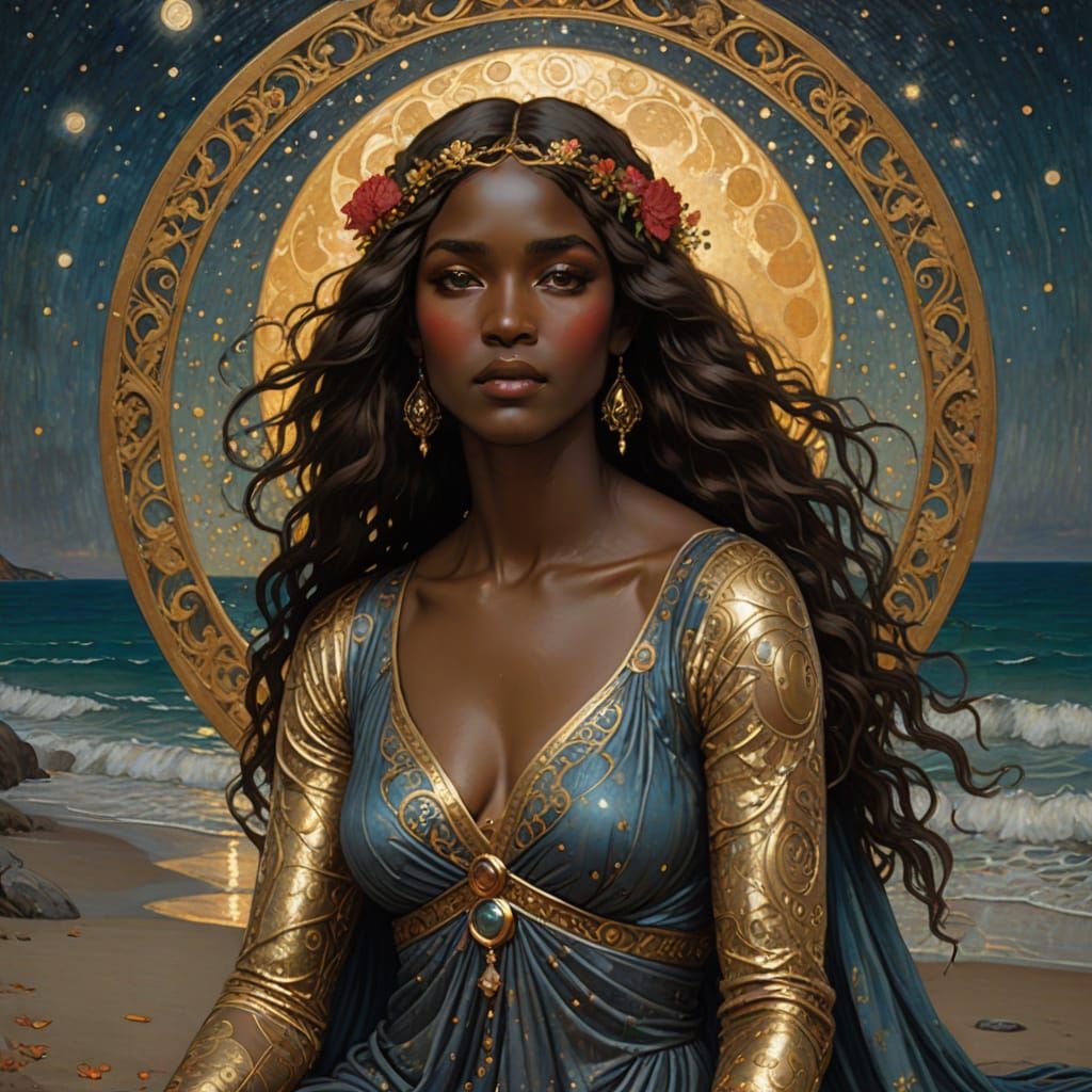 Dark-Skinned Houri Awaits Martyr in Moonlit Paradise