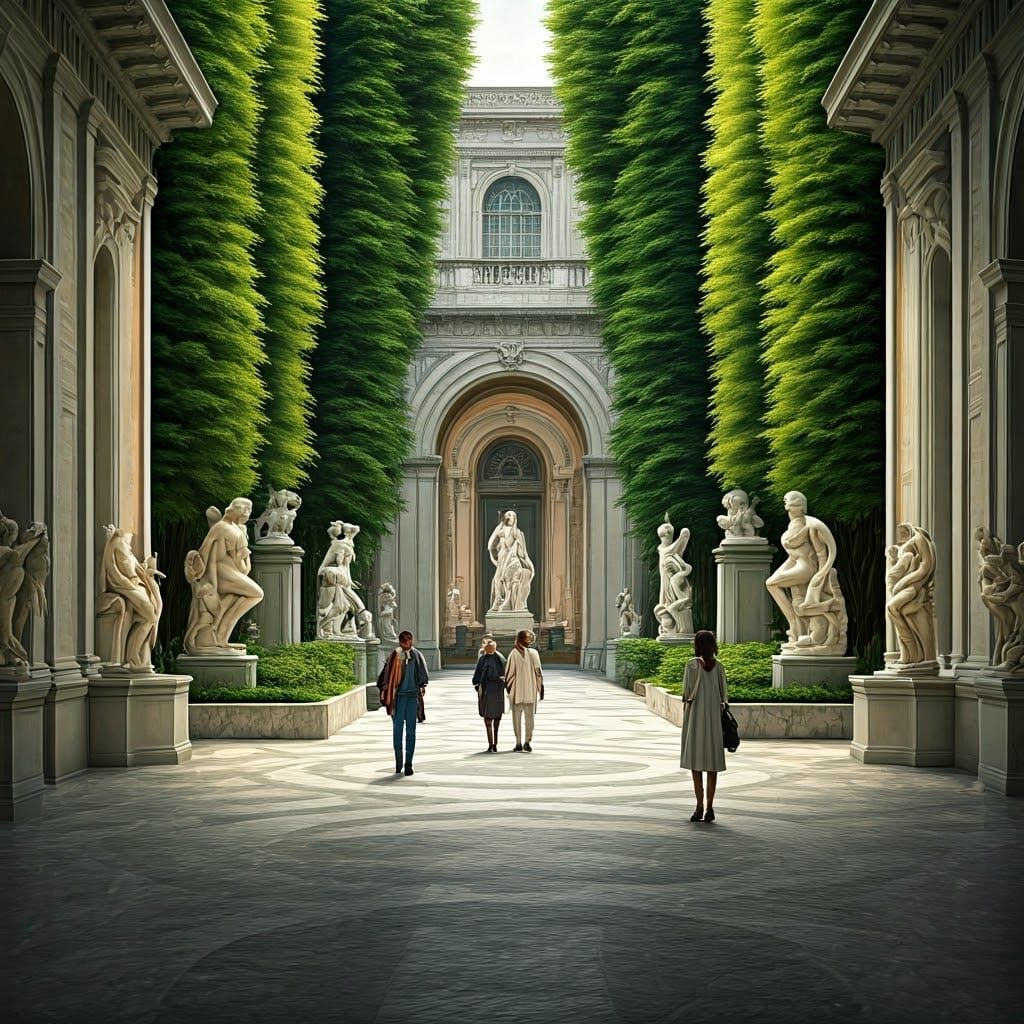 Elegant Figures Admire Marble Masterpieces in a Lush Palace ...