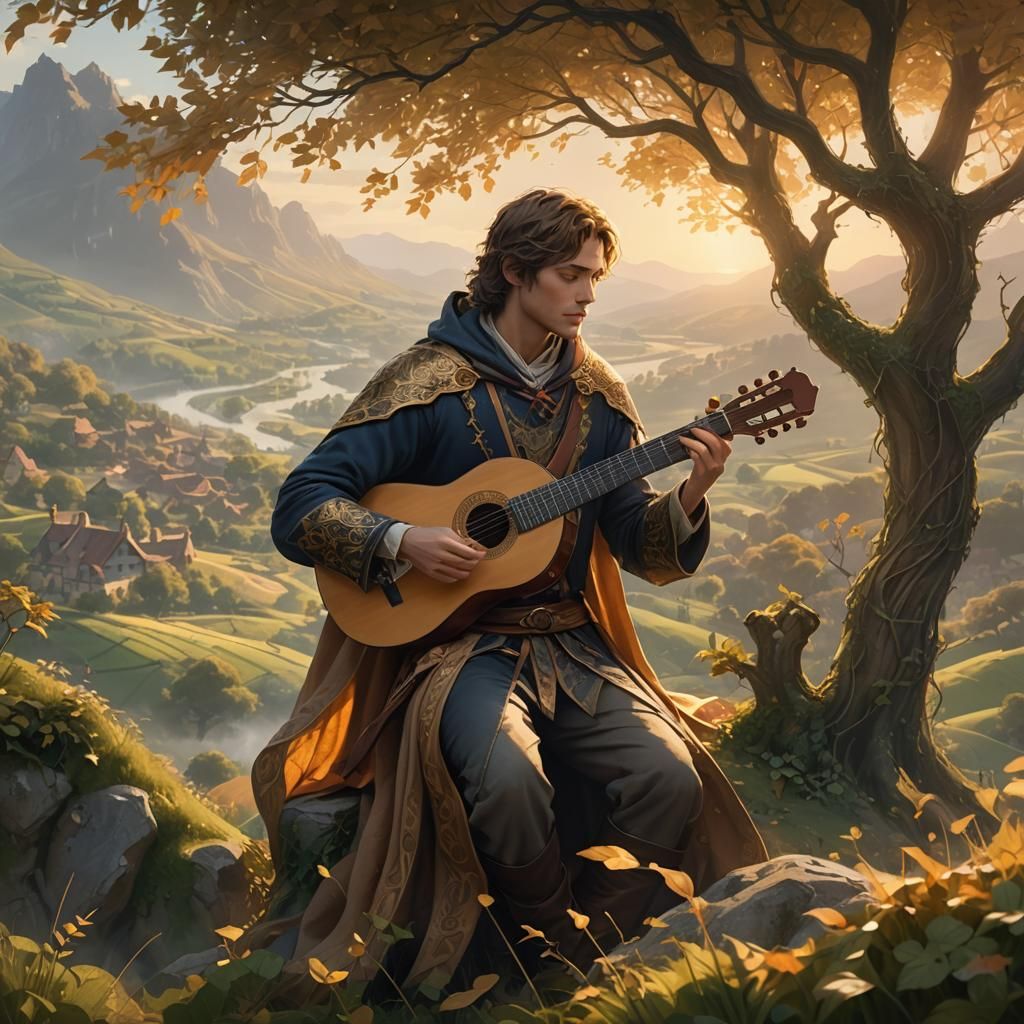 Lute Player in Shire Landscape: Anime-Inspired 3D Art