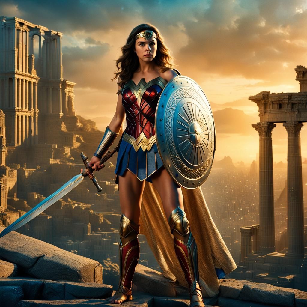 Wonder Woman in Ancient Greek Cityscape