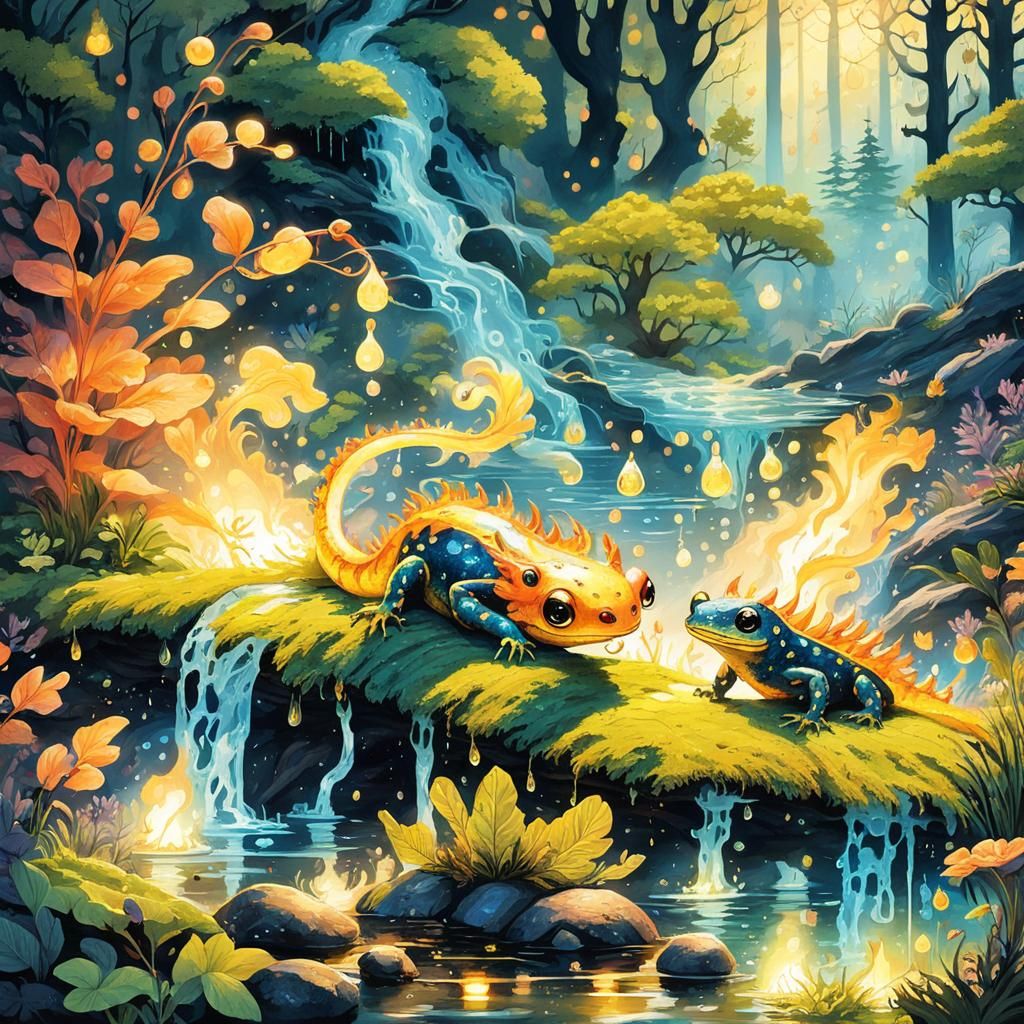 Magical Forest Scene with Fire Salamanders as Folklore Art
