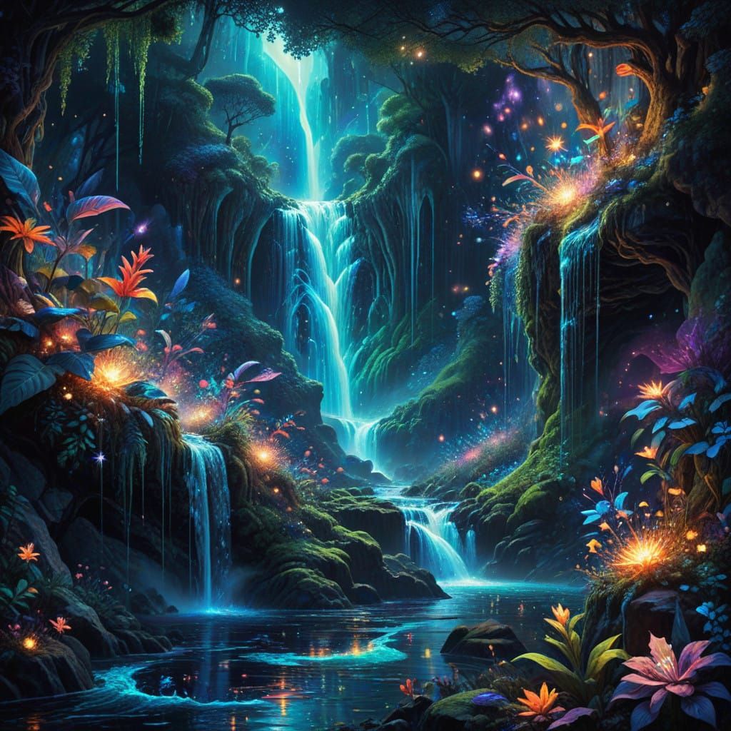 Surreal Waterfall Unfolds in Cosmic Patterns, Illuminated by...