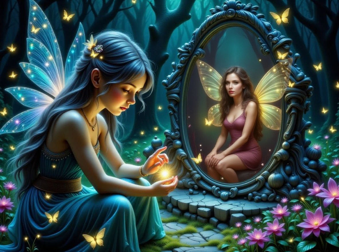 Fairy Discovers Mirror, Dark Reflection with Glowing Key