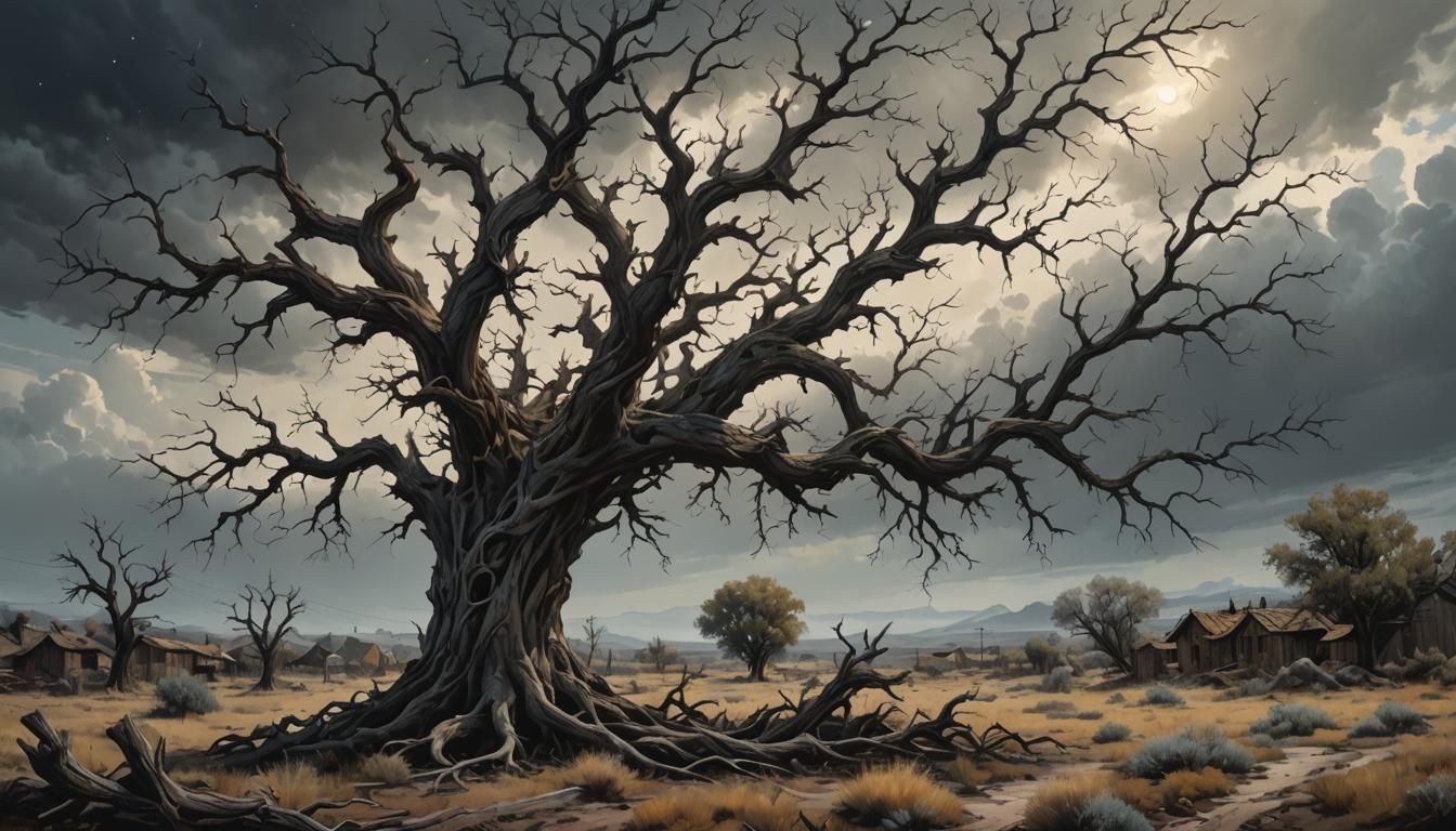 Gnarled Tree Stands Tall in Dark Fantasy Painting
