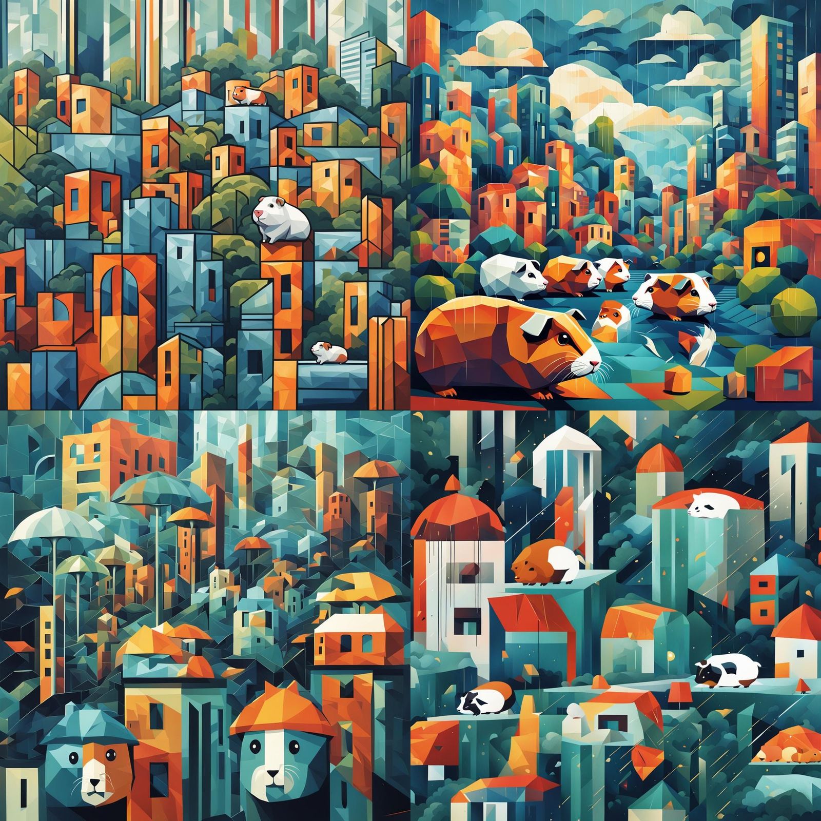 Guinea Pigs in Rainy Seattle: Cubist Art Deco