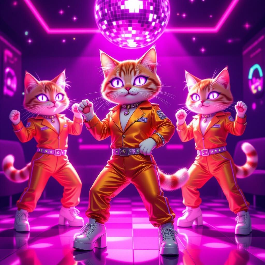 Dancing Cats in Pink Disco with Neon Lights