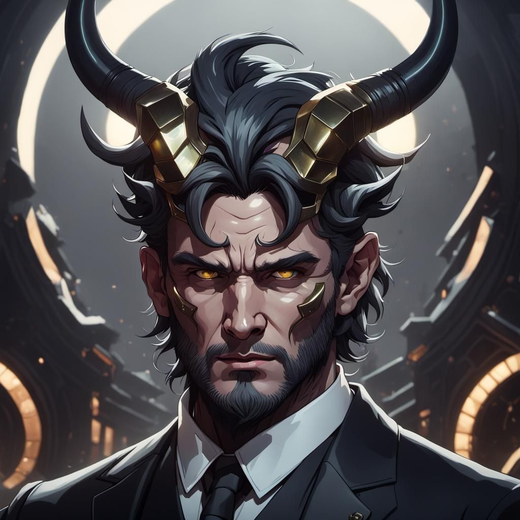 Horned Figure in Black Suit: Detailed Portrait
