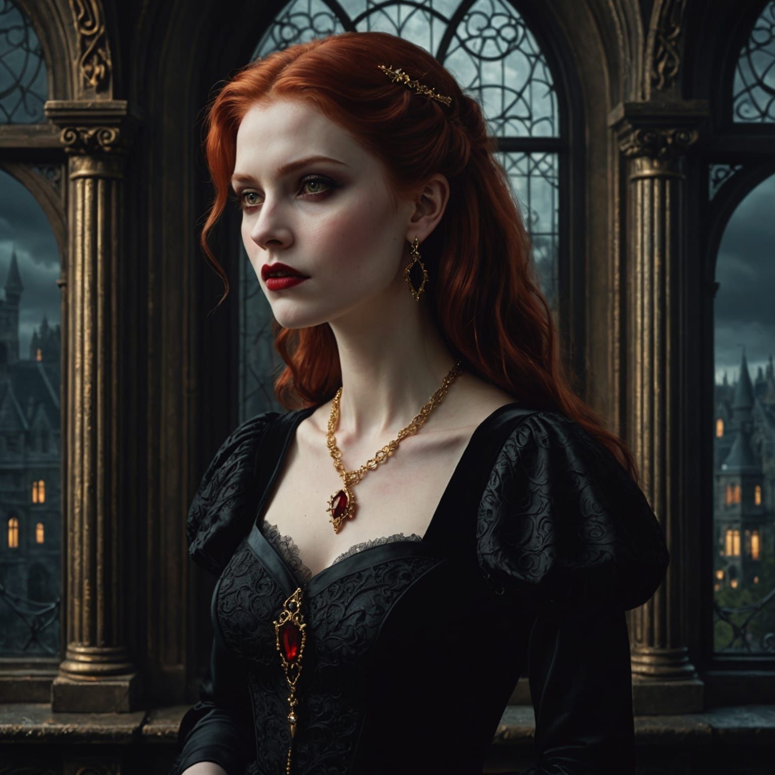 Gothic Vampire Contemplates Night From Mansion Window