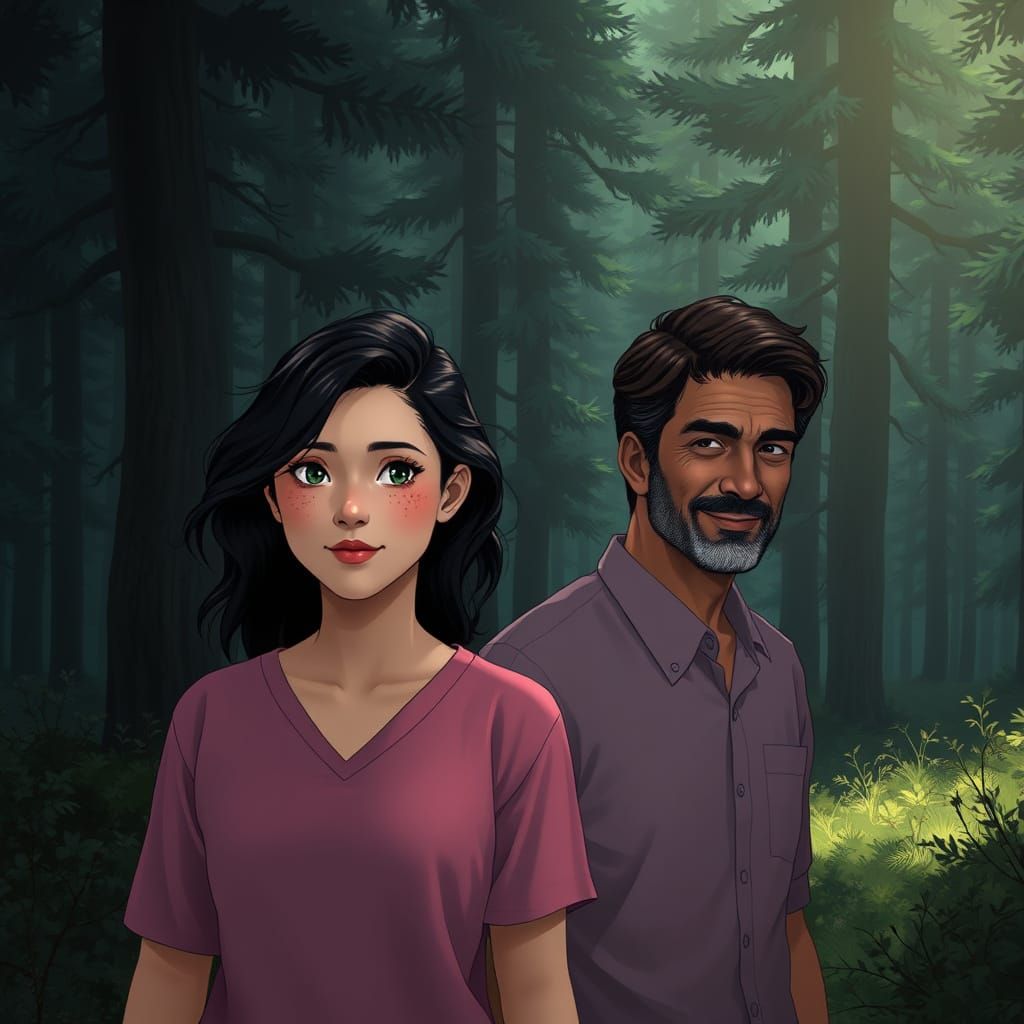 Serene Couple Strolls Through Dark Forest in Realistic Anime...