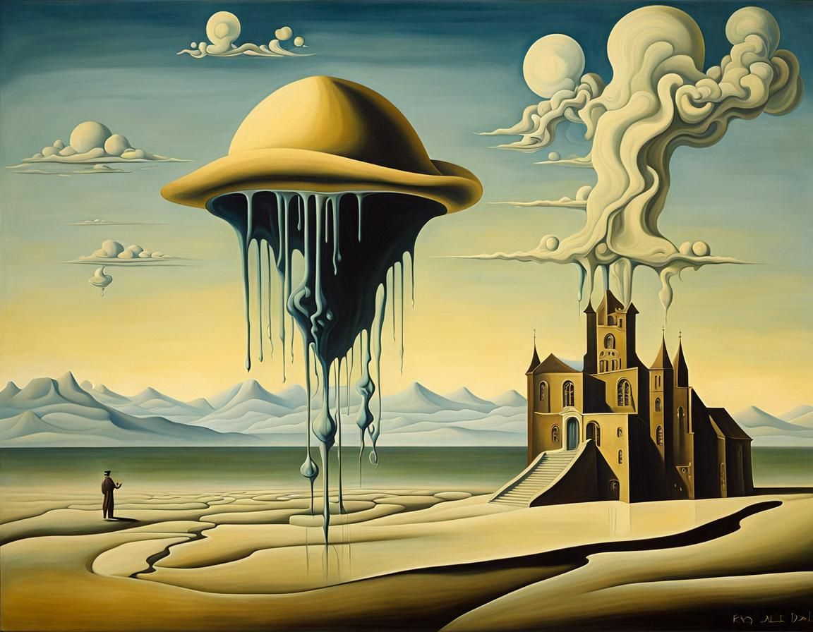 Surreal Melting Hats in a Dali-esque Landscape