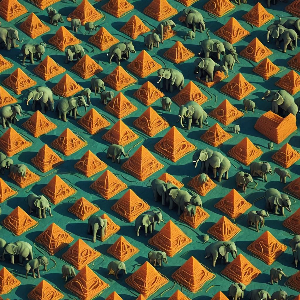 Surreal Spaghetti Labyrinth with Green Elephants