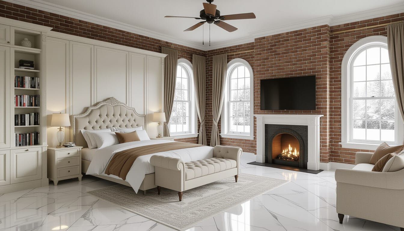 Victorian Bedroom with Snowy View and Brick Accents