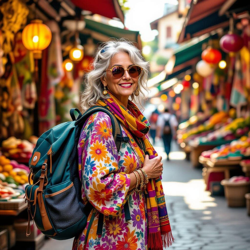 Senior Traveler in Exotic Market, Whimsical Art Style