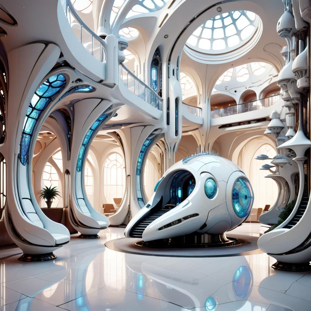 Futuristic Hotel Lobby with Intricate Mech Details