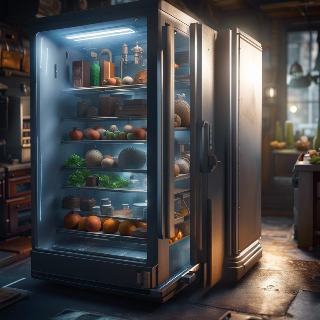 detailed city inside of a refrigerator, 3D Game Cinematic Feel, Epic 3D Videogame Graphics, Intricately Detailed, 8K Res...
