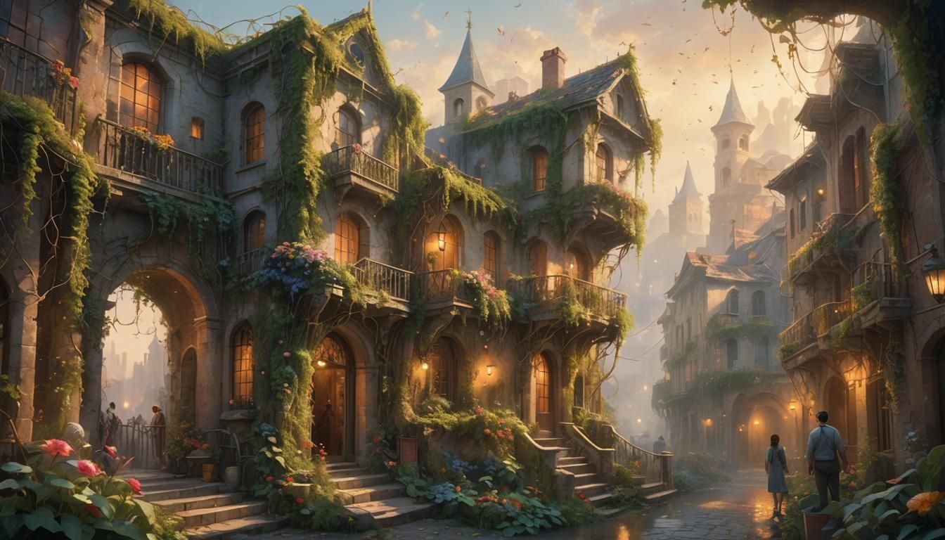 Ethereal Ruins: Fantasy Landscape with Golden Glow
