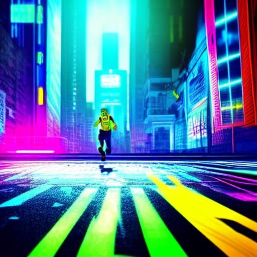 Cyberpunk Runner in Neon Lit Cityscape