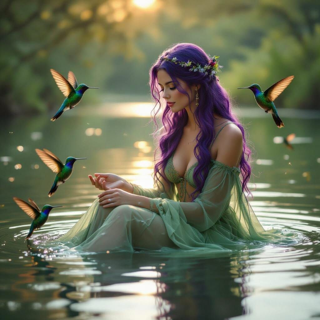 Nymph Interacting With Hummingbirds on a Lake