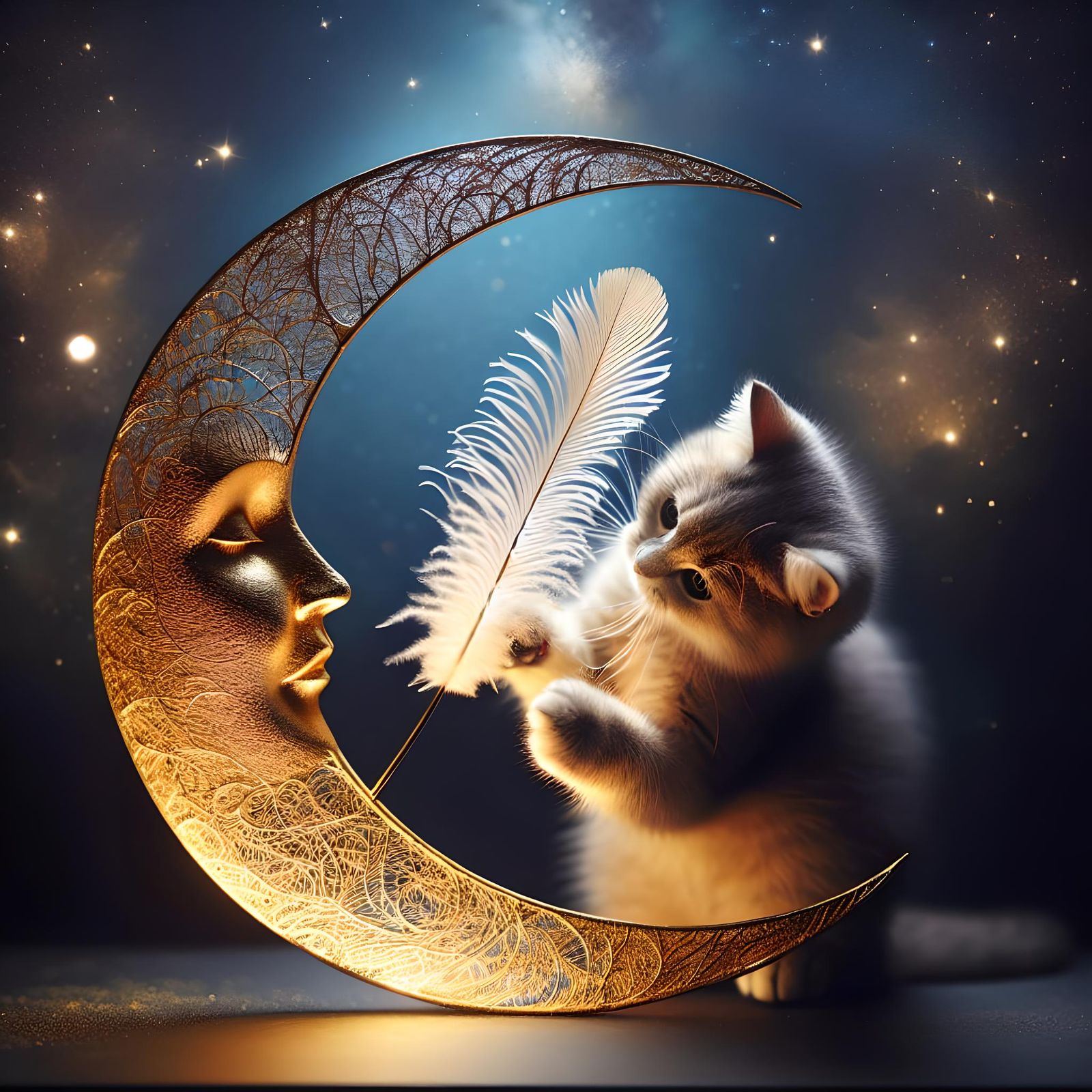 Kitten's Celestial Game: Feather and Moon
