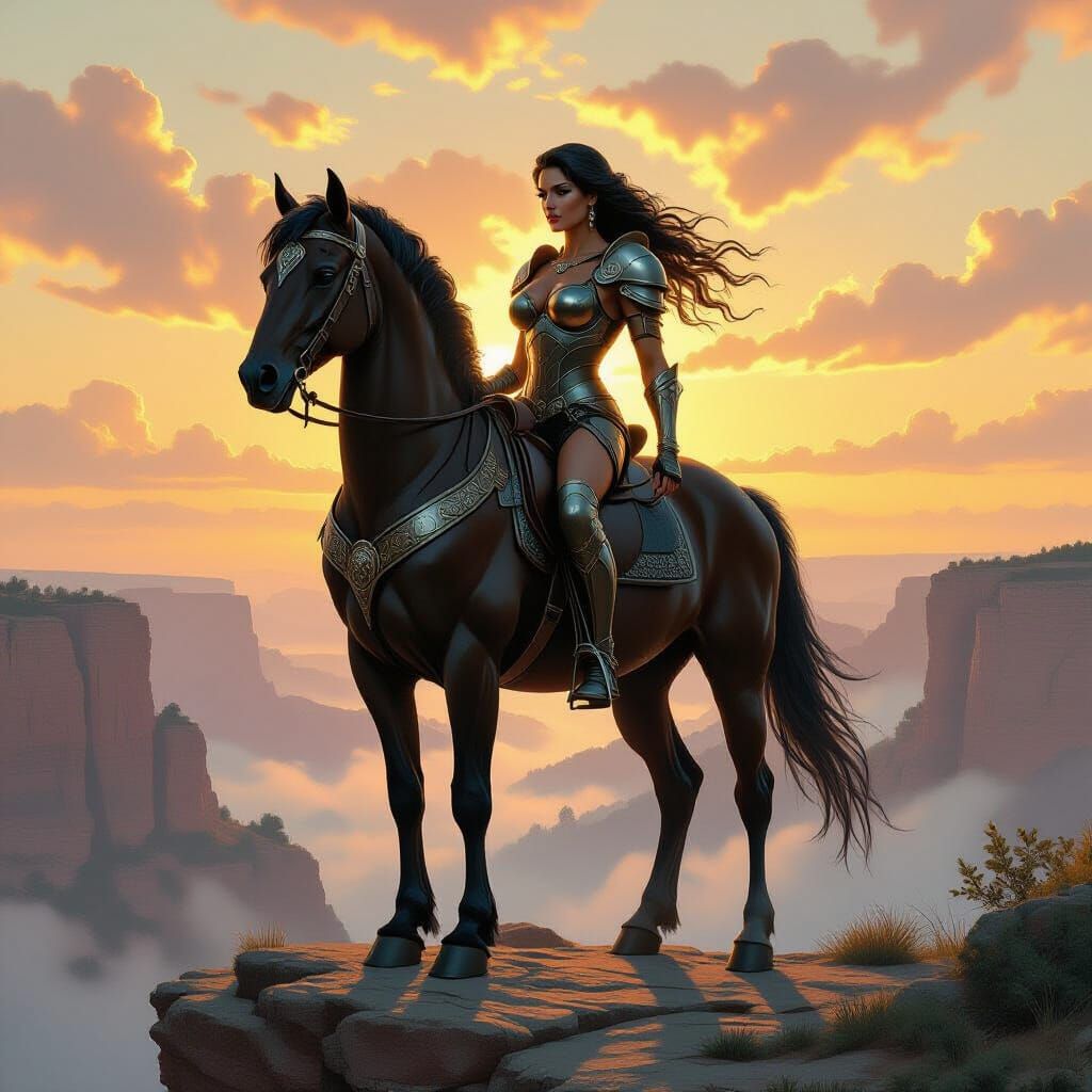 Epic Fantasy Centaur Woman at Dawn in Misty Canyon
