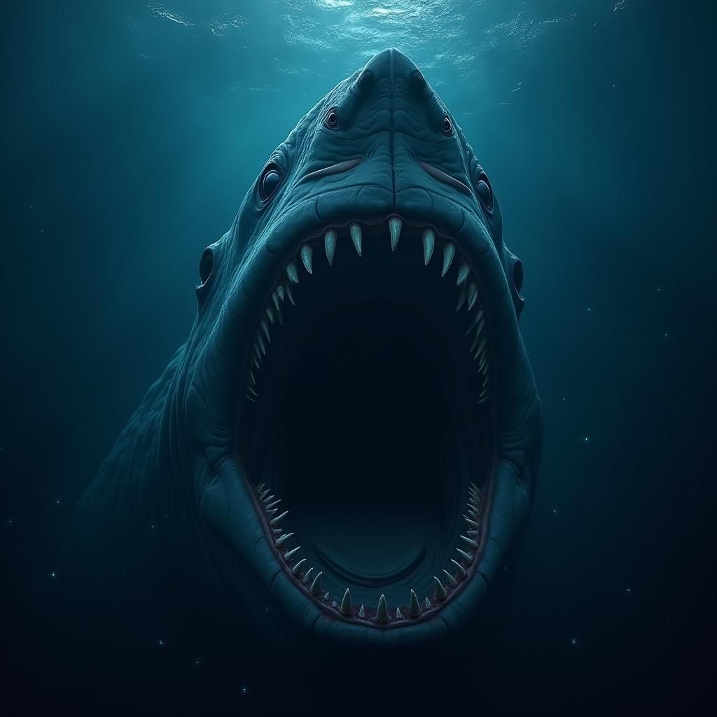 Megalodon Breaching Dark Ocean Surface in Matte Style