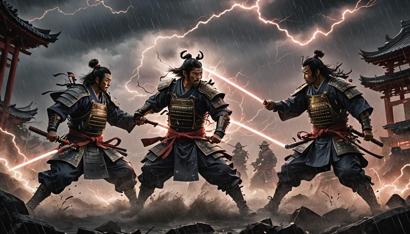 Samurai Battle Under Stormy Skies: Digital Painting