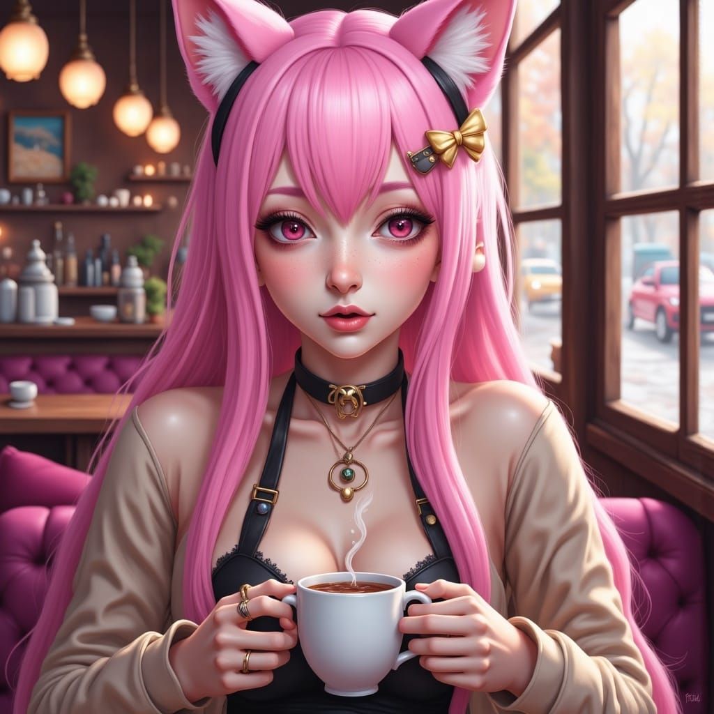 Pastel Goth Cat-Girl Sipping Coffee in Cafe