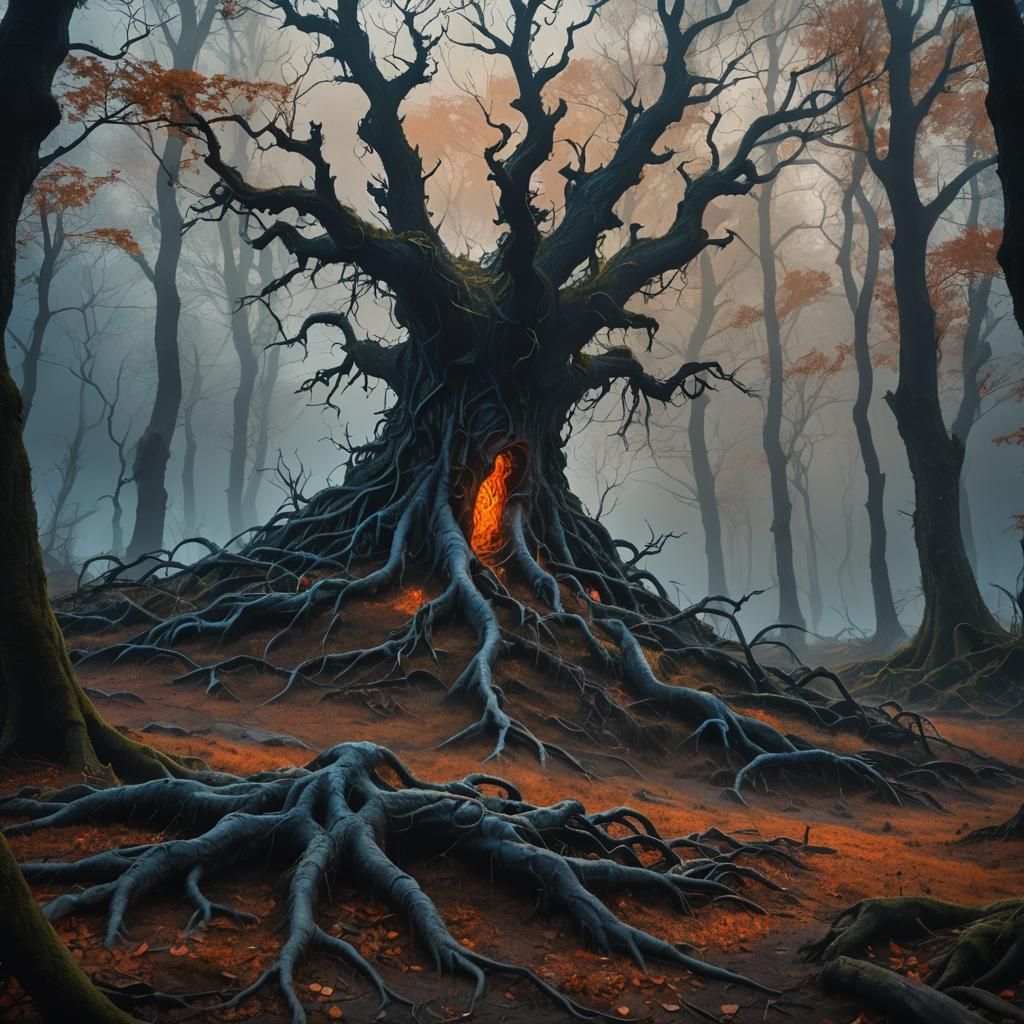 Ethereal Mound in Misty Forest: Dark Fantasy Illustration