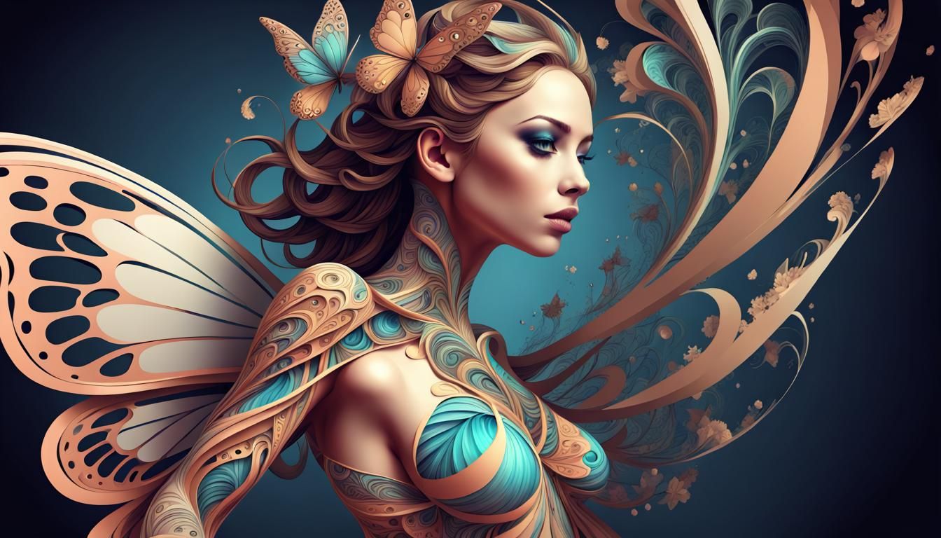 Flying Butterfly Woman with Abstract Fractal Design