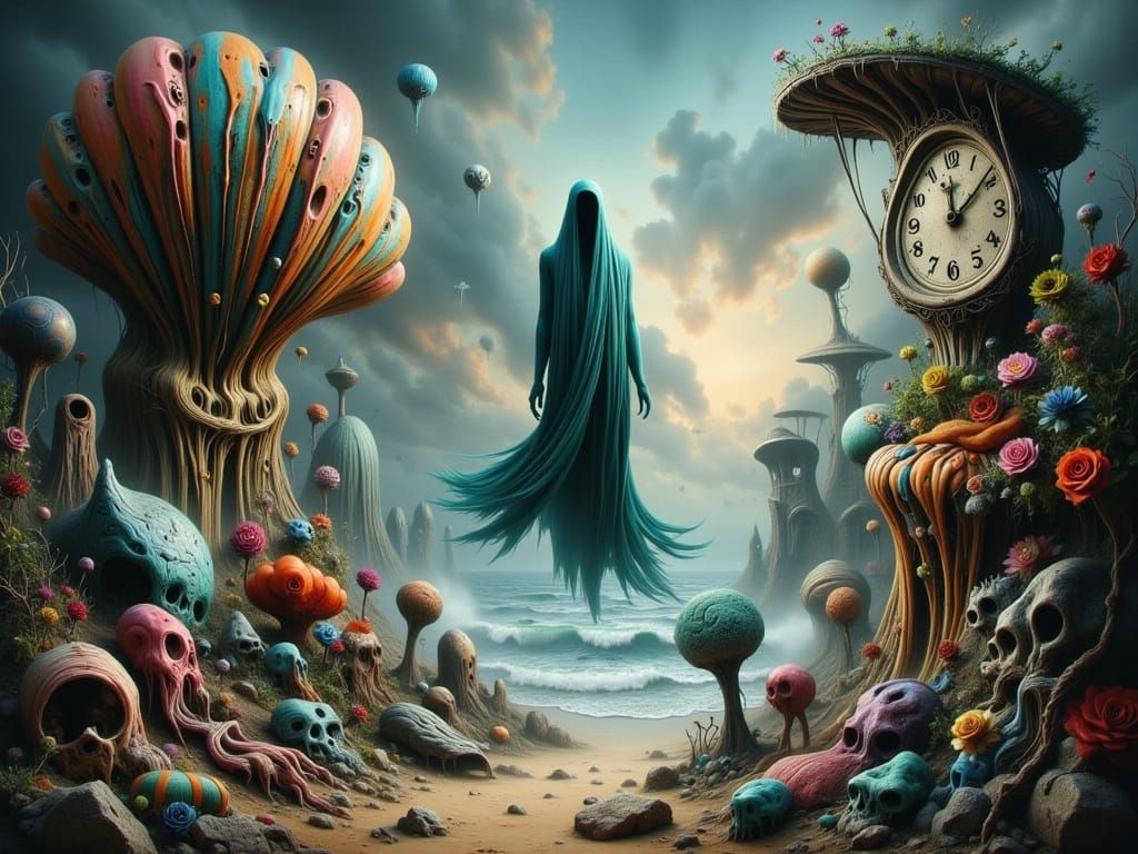 Surreal Ghost Figure on Chaotic Beach