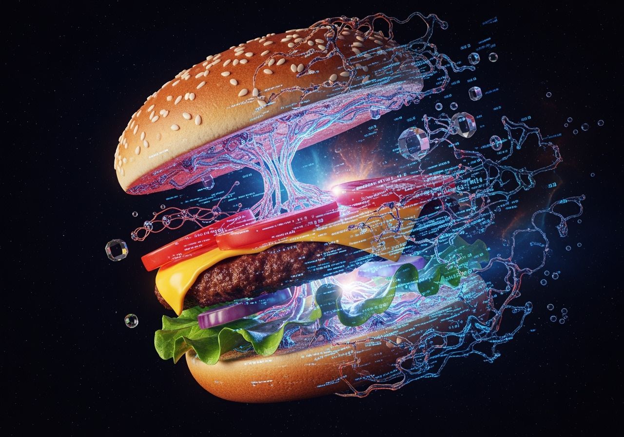 Hamburger Transforms into Cosmic Nebula in Data Art Style