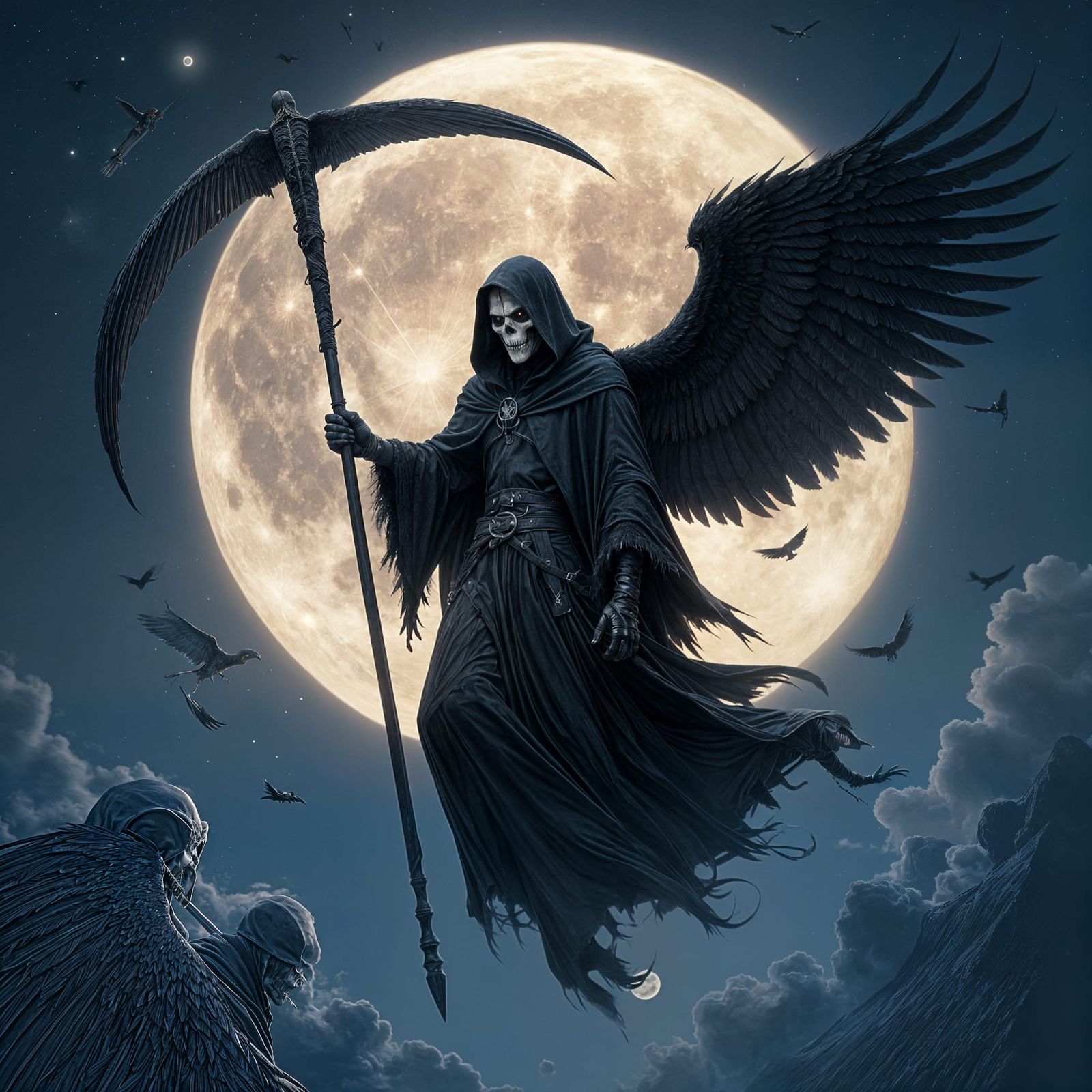 Grim Reaper with Wings and Moon in Hyperrealistic Style